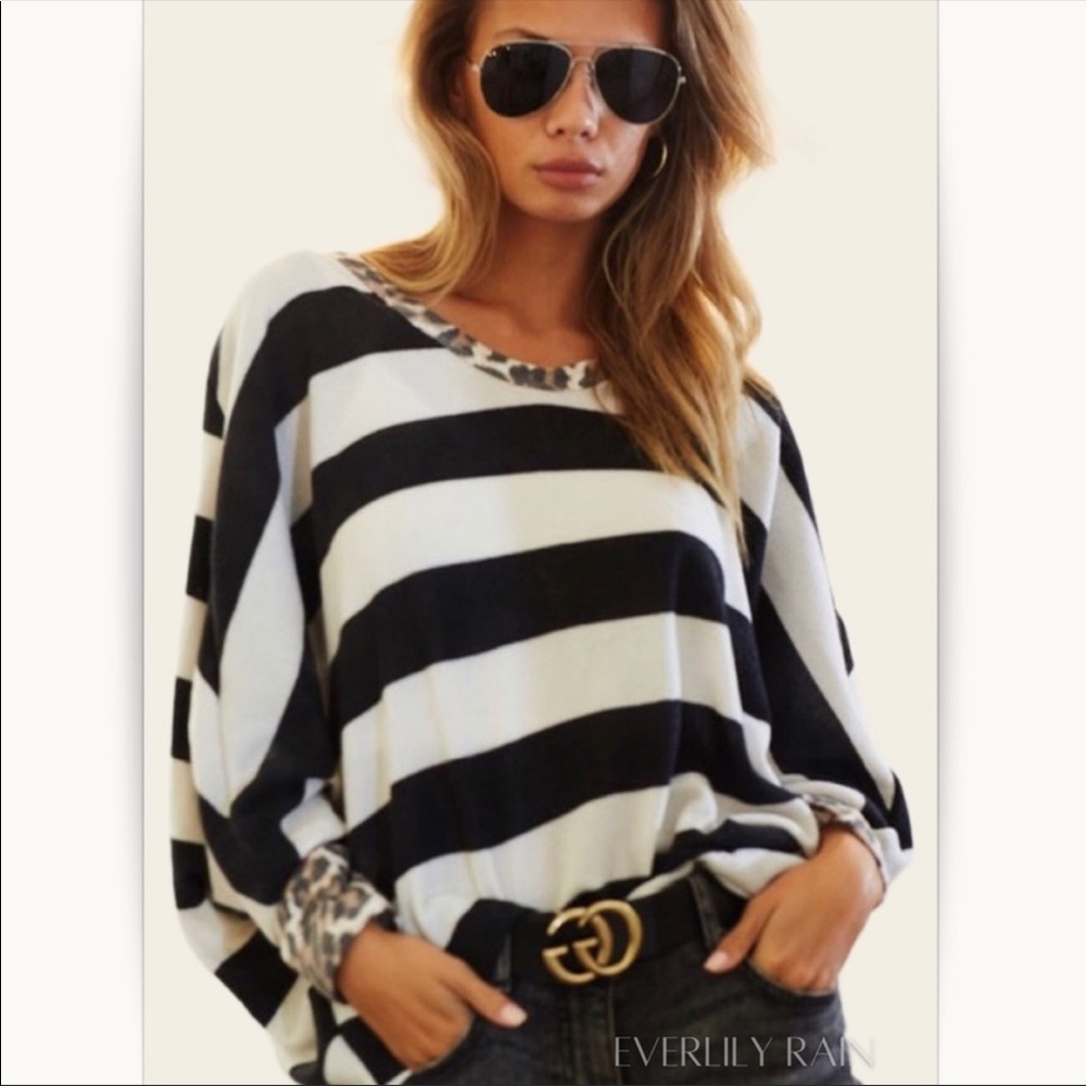 Super soft striped top with leopard print trim